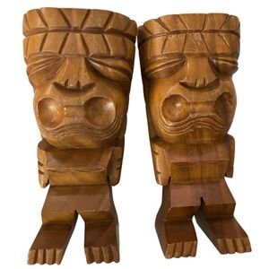 Set/2 Handcrafted Wooden Tiki Statues Vintage Super Sturdy Statement Pieces BIG